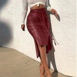 Mode Faux Leather Midi Hoge Knop Trim Slim  Bodycon women MartLion Claret M 