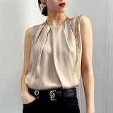 Summer Elegant Sleeveless Satin Shirt Ladies Round Neck Folds All-match Blouse Women Solid Color MartLion   