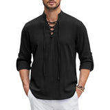 Men's Renaissance Shirt Pirate Medieval Viking top Cotton Linen Shirts Long Sleeved Halloween MartLion black US M 