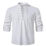 Men Long-Sleeved V-neck T-shirt Cotton and Linen Led Casual Men's T-shirt MartLion WHITE XL 