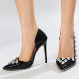 Liyke Black Patent Leather High Heels Mules Crystal Diamond Women Pumps Pointed Toe Party Prom Shoes Mart Lion   