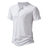 Summer T Shirt Men's Henley Collar White Short Sleeve Casual Slim Tops Tees Solid Color Mart Lion White S 