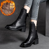 Women Shoes Winter Square Med  Boots Lace Up Zipper Ladies Pumps MartLion Black Plush 35 