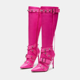Slim High Heeled Motorcycle Boots for Women Versatile Rivet Style MartLion Rose Red 44 