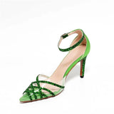 Liyke Green Glitter Sequined Ankle Strap Women Pumps PVC Pointed Toe Wedding High Heels Summer Party Prom Shoes Mart Lion   