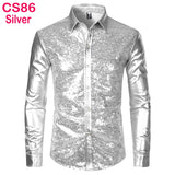Silver Metallic Sequins Glitter Shirt Men's Disco Party Halloween Chemise Homme Stage Performance Shirt MartLion CS86 Sliver US Size S 