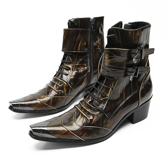 British Buckle Vintage Ankle Boots Men's Luxurious Workwear Leather Metal Rivets Square Toe Punk Style Shoes MartLion   