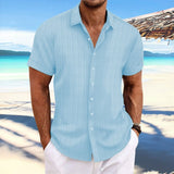 Cross-border men's linen striped jacquard casual loose short-sleeved shirt MartLion Baby blue XXL 