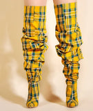 Color Blocking Plaid Pleated Sleeve Long Boots for Women with Slim High Heels and Seasonal MartLion 831-yellow 47 