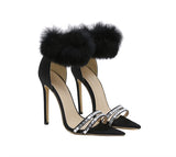 Liyke Black Fluffy Feather Sandals Women Crystal Pointed Open Toe Banquet High Heels Shoes Mart Lion   