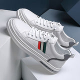 Genuine Leather Men's Casual Shoes High End Striped Cool White Flat Skateboard Cow Leather Sneakers Mart Lion   