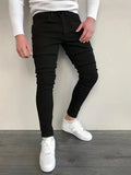 Men Jeans Stretch Skinny Denim Pants Solid Color Black Blue  Summer Street MartLion   