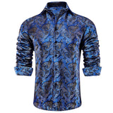 Silk Navy Blue Men's Shirts Long Sleeve Single Breasted Windsor Collar Casual Blouse Outerwear Wedding MartLion   