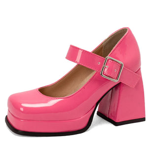Pink Black Red Heeled Women Pumps Mary Janes Shoes Square Toe White High Heels Working Party Dance MartLion Pink 4 
