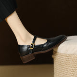 Spring Genuine Leather Women Pumps Shoes Round Toe Chunky Heel Retro Mary Janes Block Leather Shoes Shallow MartLion   