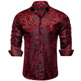 Red Floral Paisely Luxury Shirts Men's Club Wear Silk Shirt Long Sleeve Singal Breasted Spring Fall Tops MartLion   