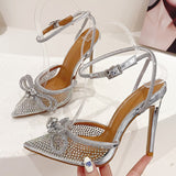 Liyke Crystal Transparent Female Pumps Thin High Heels Bowknot Pointed Toe Ankle Strap Sandals Women Shoes Mart Lion   