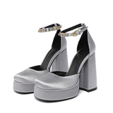 Women's High Heel Shoes Thick Heel Square Head Rhinestone Shallow Mouth Party Wedding MartLion Grey 35 CHINA