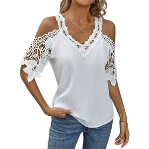 Shoulder Lace Short Sleeve Shirt Women V Neck Pullover Blouse MartLion   