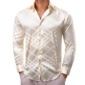 Luxury Shirts Men's Silk Satin Beige Plaid  Long Sleeve Slim Fit Blouses Trun Down Collar Tops Breathable Clothing MartLion   