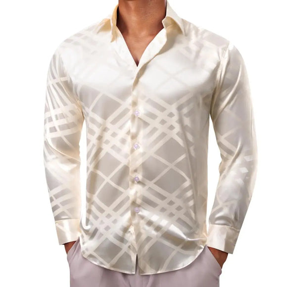  Luxury Shirts Men's Silk Satin Beige Plaid  Long Sleeve Slim Fit Blouses Trun Down Collar Tops Breathable Clothing MartLion - Mart Lion