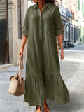 Women Lapel Half Pullover Dresses Pleated Hem Patchwork Dress MartLion army green S 