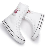 Mid Length Women's Shoes with Front Lace Up Side Zipper Rose Pattern Casual Student Board MartLion white increase2.5cm 36 