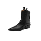 Women Boots Genuine Leather Western Shoes Pointed Toe Chunky Heel Chelsea Retro MartLion BLACK-without fleece 34 