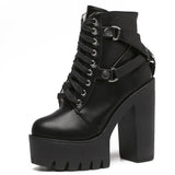 Black Boots Women Heel Spring Autumn Lace-up Soft Leather Platform Shoes Party Ankle High Heels Punk Mart Lion   