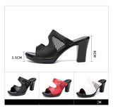 8cm Cutout Mesh Block High Heels Slides Summer Shoes Soft Leather Slippers Platform for Office Work Mom MartLion   