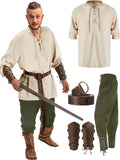 4 Pcs Halloween Men's Renaissance Set Medieval Pirate Shirt Ankle Banded Pants Viking Belt Accessories MartLion Beige green M 