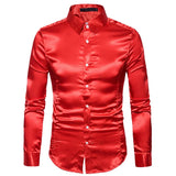 Summer White Silk Satin Shirts Men's Short Sleeve Slim Fit Party Wedding Tuxedo Shirt Casual Button Down MartLion A35 red US size S 