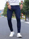 Men Jeans Stretch Skinny Denim Pants Solid Color Black Blue  Summer Street MartLion   