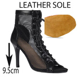 Latin Stiletto Women's Dance High-heeled Shoes Shoes Outer Large Mesh Boots Fish Mouth Modern MartLion Black 9.5cm leather 41 