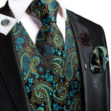 Hi-Tie Silk Vests Jacquard Waistcoat Neck Tie Hanky Cufflinks Brooch Set for Men's Suit Sleeveless Jacket Wedding MartLion MJ-3016-0091 S 