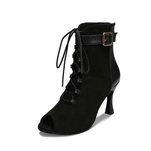 Black Hollow Latin Dance Shoes High Heels Soft Sole Lace Up Indoor Boots Modern Jazz for Women MartLion Heel 5.5cm 34 