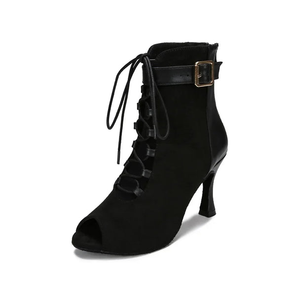  Black Hollow Latin Dance Shoes High Heels Soft Sole Lace Up Indoor Boots Modern Jazz for Women MartLion - Mart Lion