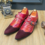 Men's Formal Shoes with High Heels Flat Bottoms Pointed Suede Stitching Belt Buckle MartLion   