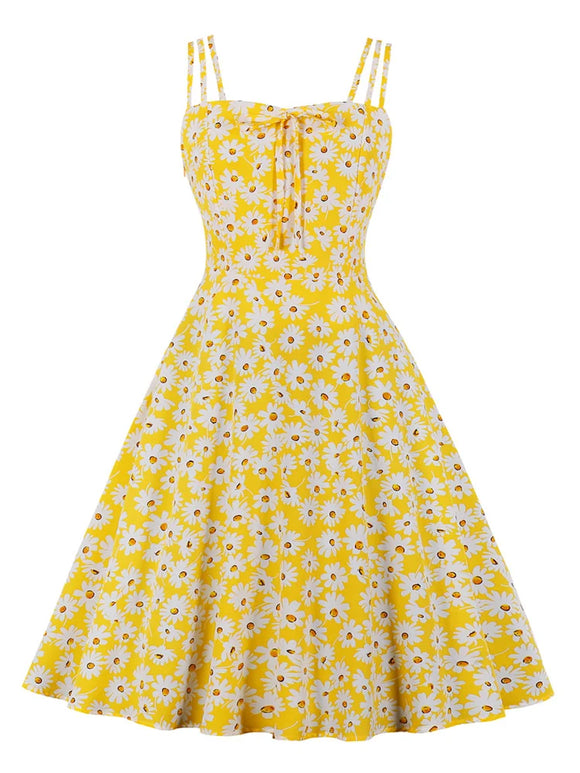 Bow Front Cute Daisy Floral Print Women Spaghetti Strap Summer Vacation Beach Casual Vintage Swing Dress MartLion Yellow 4XL 