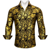 Designer Men's Shirts Silk Gold Embroidered Paisley Flower Long Sleeve Casual Blouses Slim Fit Clothing Lapel Tops Barry Wang MartLion   