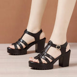 8cm Genuine Leather Shoes Gladiator Sandals Summer Women Block High Heels Platform Office MartLion   