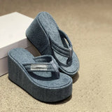 summer elevating platform slippers women wear denim blue wave with sandals MartLion   