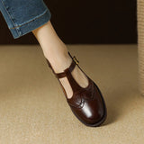 Spring Genuine Leather Women Pumps Shoes Round Toe Chunky Heel Retro Mary Janes Block Leather Shoes Shallow MartLion   