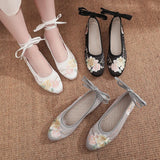 Satin Fabric Embroidered Women Ankle Strap Ballet Flats Vegan Elegant Ladies Walking Shoes Black White Gray MartLion   