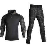 Tactical Uniform with Elbow Knee Pads Camouflage Tactical Combat Training Shirts Pants Sets Airsoft Hunting Clothing Suit MartLion black multicam S 