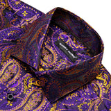 Designer Men's Shirts Silk Long Sleeve Purple Gold Paisley Embroidered Slim Fit Blouses Casual Tops Barry Wang MartLion   