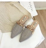 Pointed flat bottomed sandals for women wearing summer rhinestone wrapped lazy half slippers MartLion Beige 36 