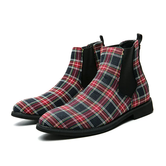 Retro Red High-top Dress Shoes Men's Plaid Chelsea Boots Low-heel boots masculina MartLion red 8589-32 39 CHINA