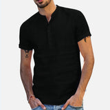 Men's Standing Collar Cotton Linen Short Sleeved Shirt Designer Clothes Popular Tops Mart Lion Black S 