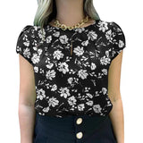 Short Sleeve Floral Printed Holiday  Summer Blouse Women Beach MartLion black S 